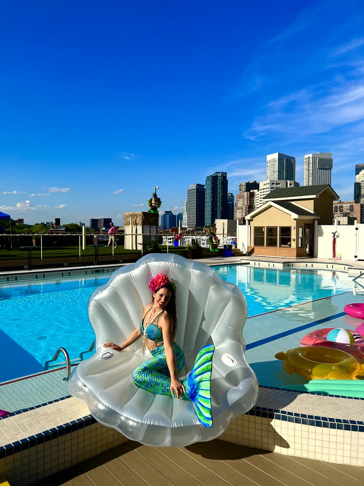 Clamshell pool inflatable for Mermaid performer, meet & greet, pose for photos, treasure chest of secret wishes, blow bubbles